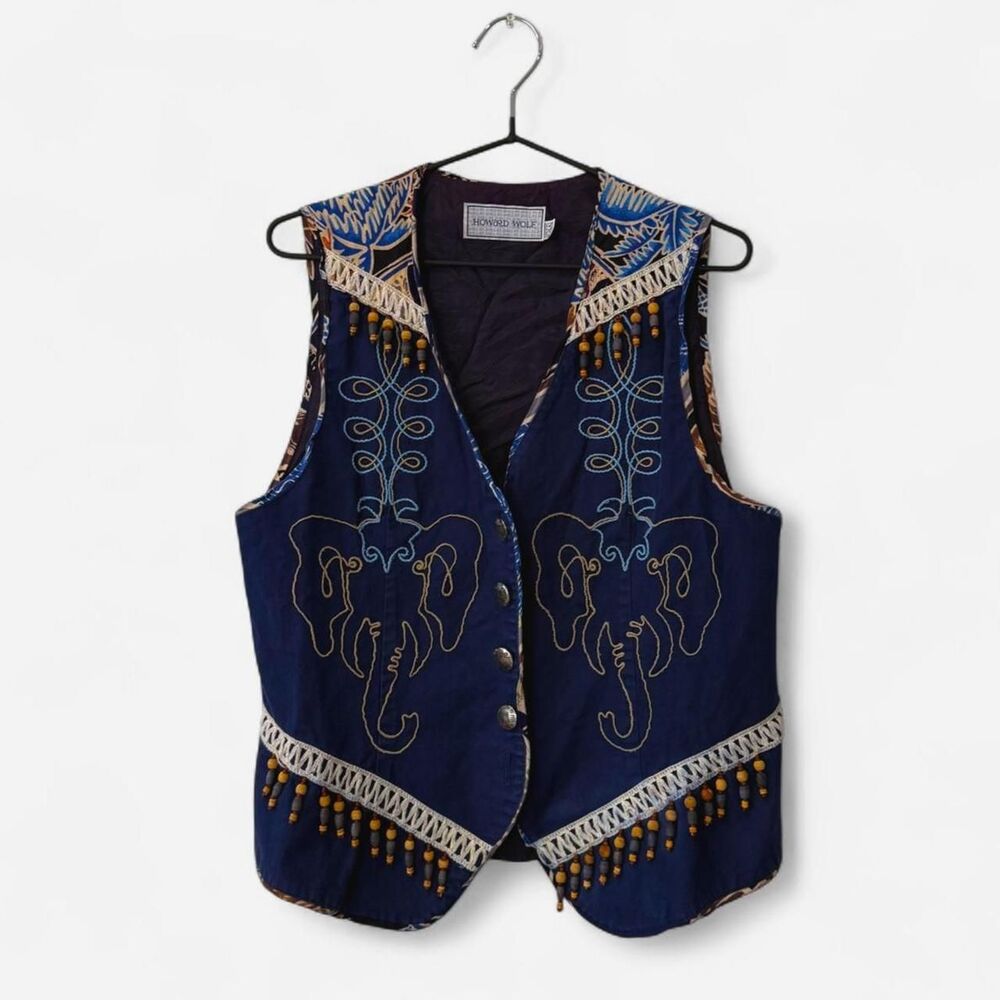Vintage western Howard Wolf blue denim vest Gilet Safari Made in USA Medium